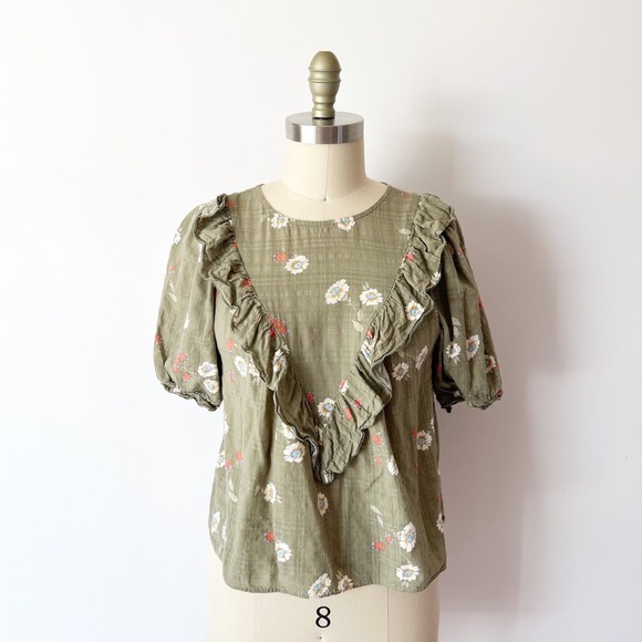 a.n.a a new approach Tops - Puff Sleeve Cotton Blend Blouse Green‎ Floral Ruffle Prairie Gauze Peasant PS